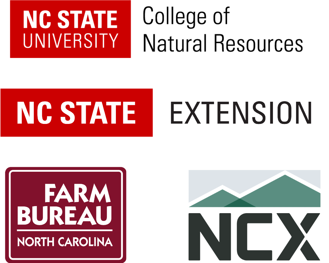Logos for NC State College of Natural Resources, NC State Extension, North Carolina FarmBureau, and NCX